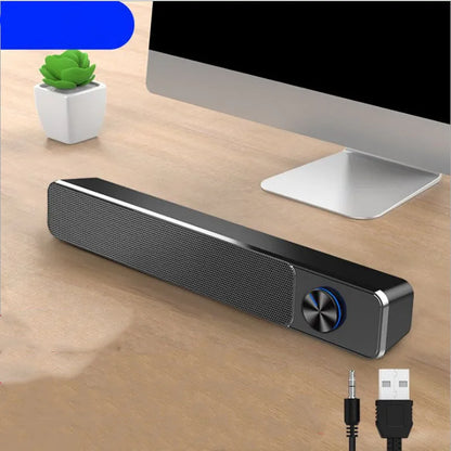 Black computer desktop speaker with ABS PC shell measuring 18cm, showing audio connectivity ports