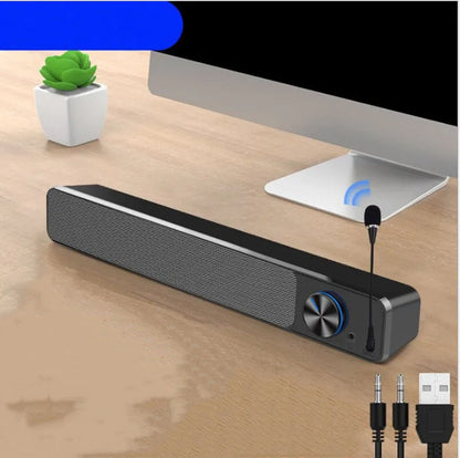 Black computer desktop speaker with ABS PC shell measuring 18cm, showing audio connectivity ports