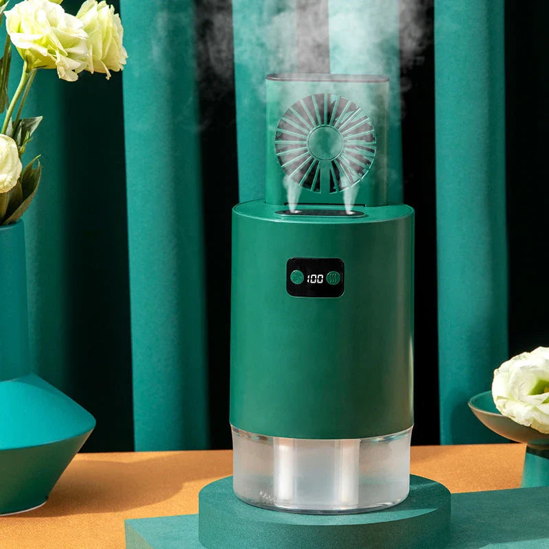 A versatile 4-in-1 air purifier and humidifier with a remote control, featuring a compact and modern design in white or green colors