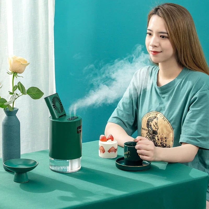A versatile 4-in-1 air purifier and humidifier with a remote control, featuring a compact and modern design in white or green colors