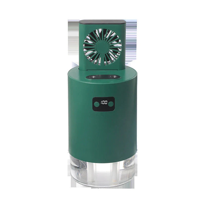 A versatile 4-in-1 air purifier and humidifier with a remote control, featuring a compact and modern design in white or green colors