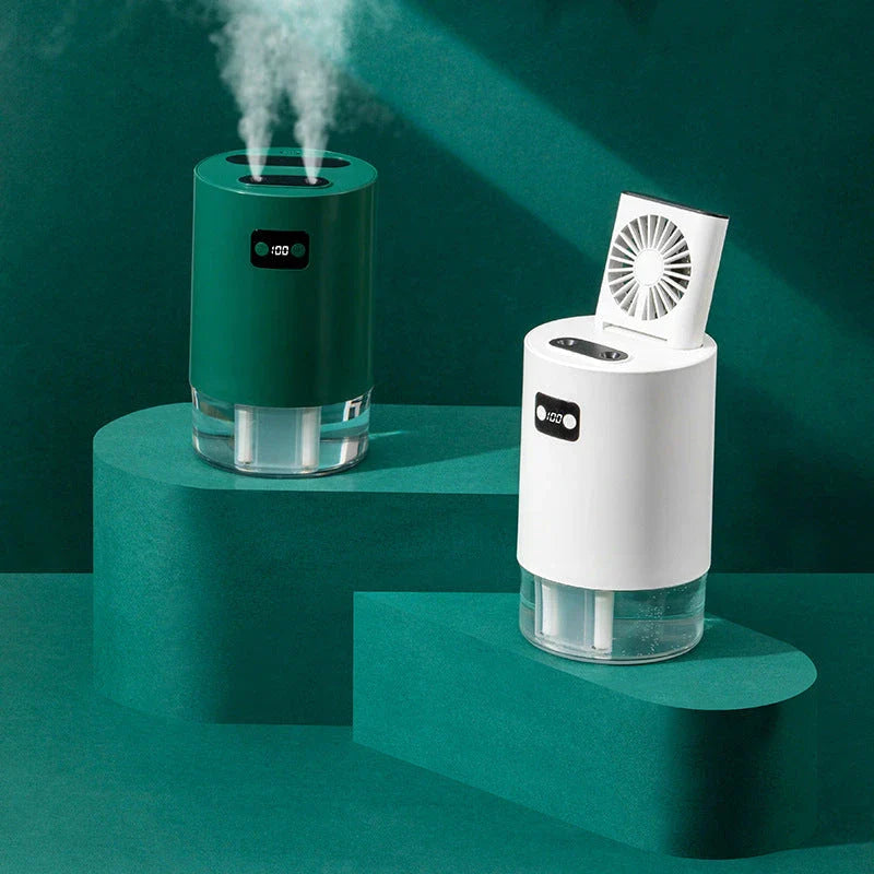A versatile 4-in-1 air purifier and humidifier with a remote control, featuring a compact and modern design in white or green colors