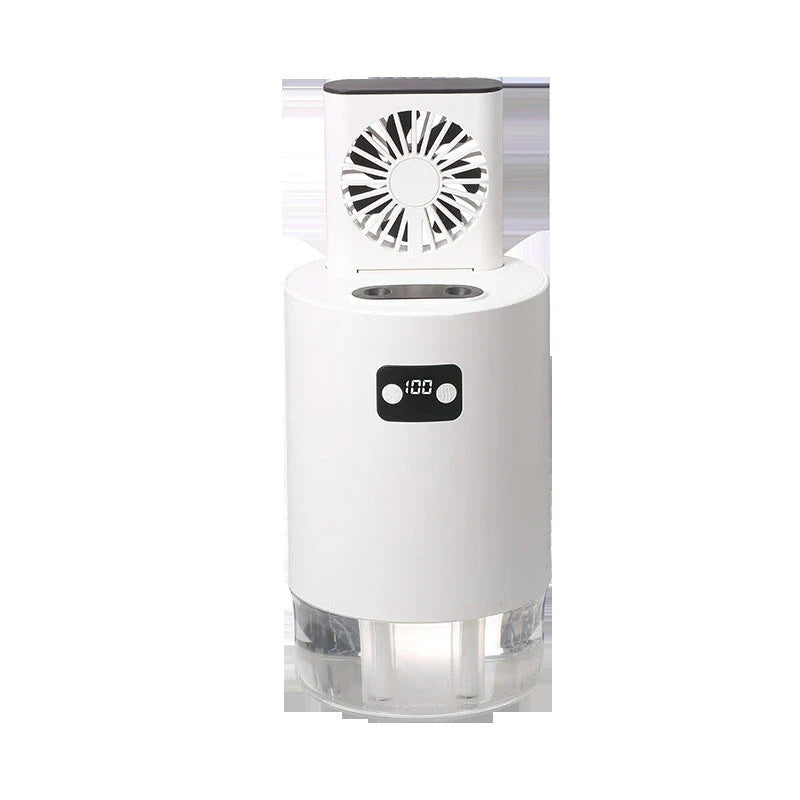 A versatile 4-in-1 air purifier and humidifier with a remote control, featuring a compact and modern design in white or green colors