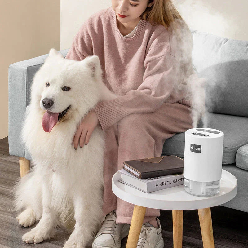 A versatile 4-in-1 air purifier and humidifier with a remote control, featuring a compact and modern design in white or green colors