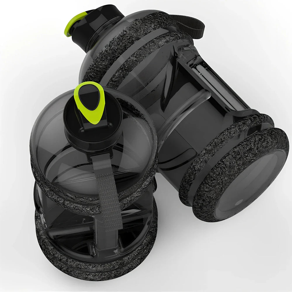 Black portable sports water bottle with 2.2-litre capacity and leak-proof design