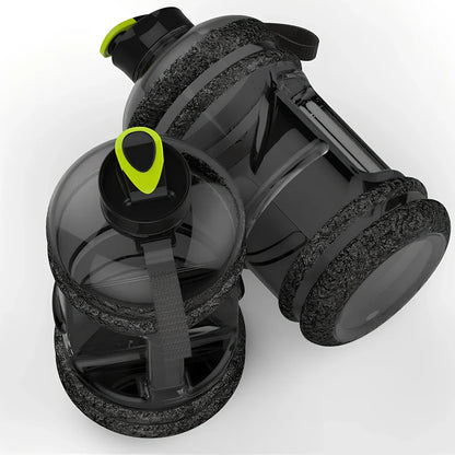 Black portable sports water bottle with 2.2-litre capacity and leak-proof design
