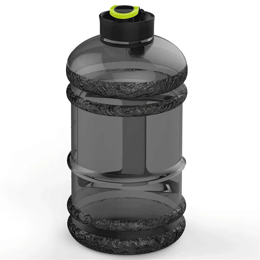 Black portable sports water bottle with 2.2-litre capacity and leak-proof design