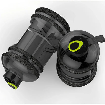 Black portable sports water bottle with 2.2-litre capacity and leak-proof design