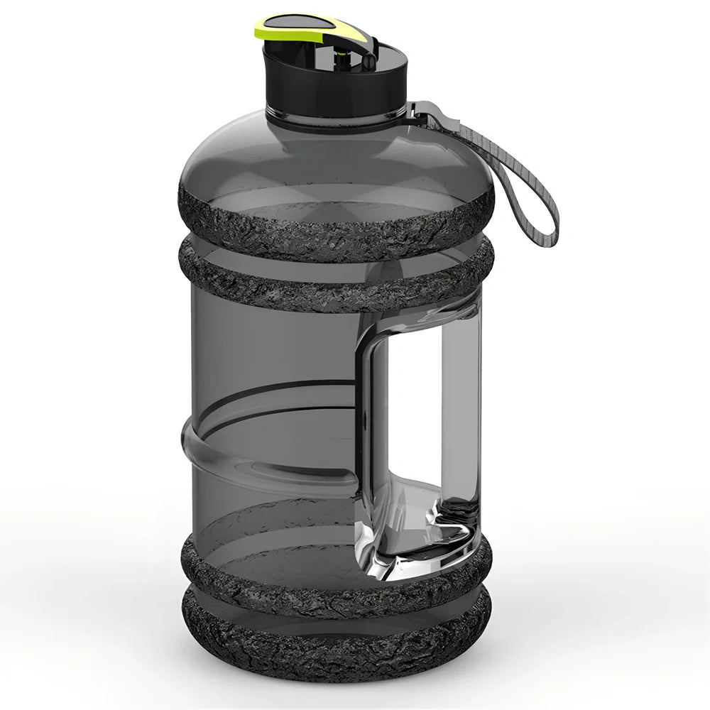 Black portable sports water bottle with 2.2-litre capacity and leak-proof design