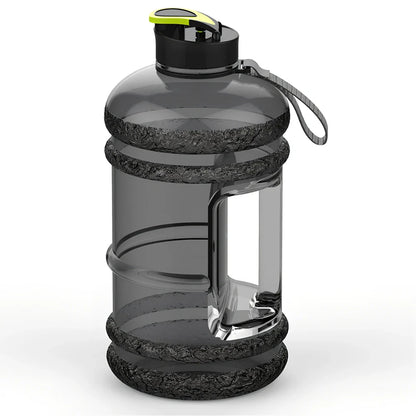 Black portable sports water bottle with 2.2-litre capacity and leak-proof design