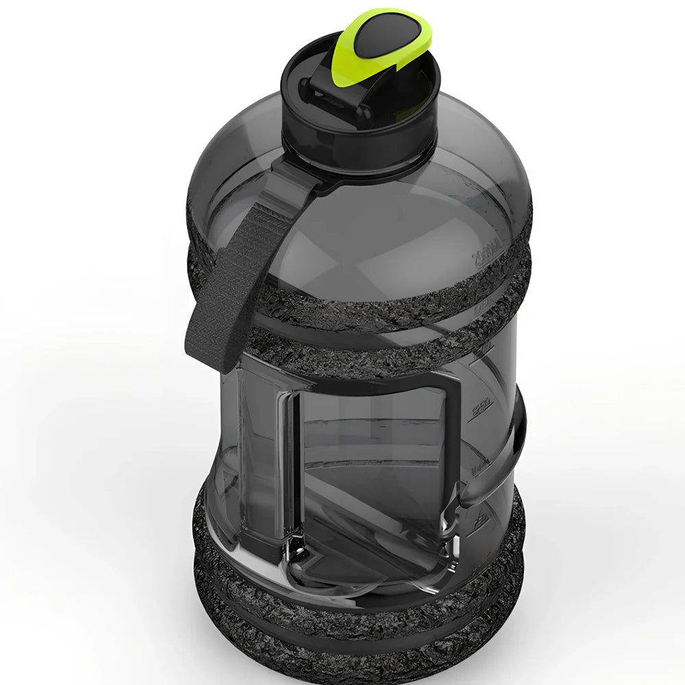Black portable sports water bottle with 2.2-litre capacity and leak-proof design