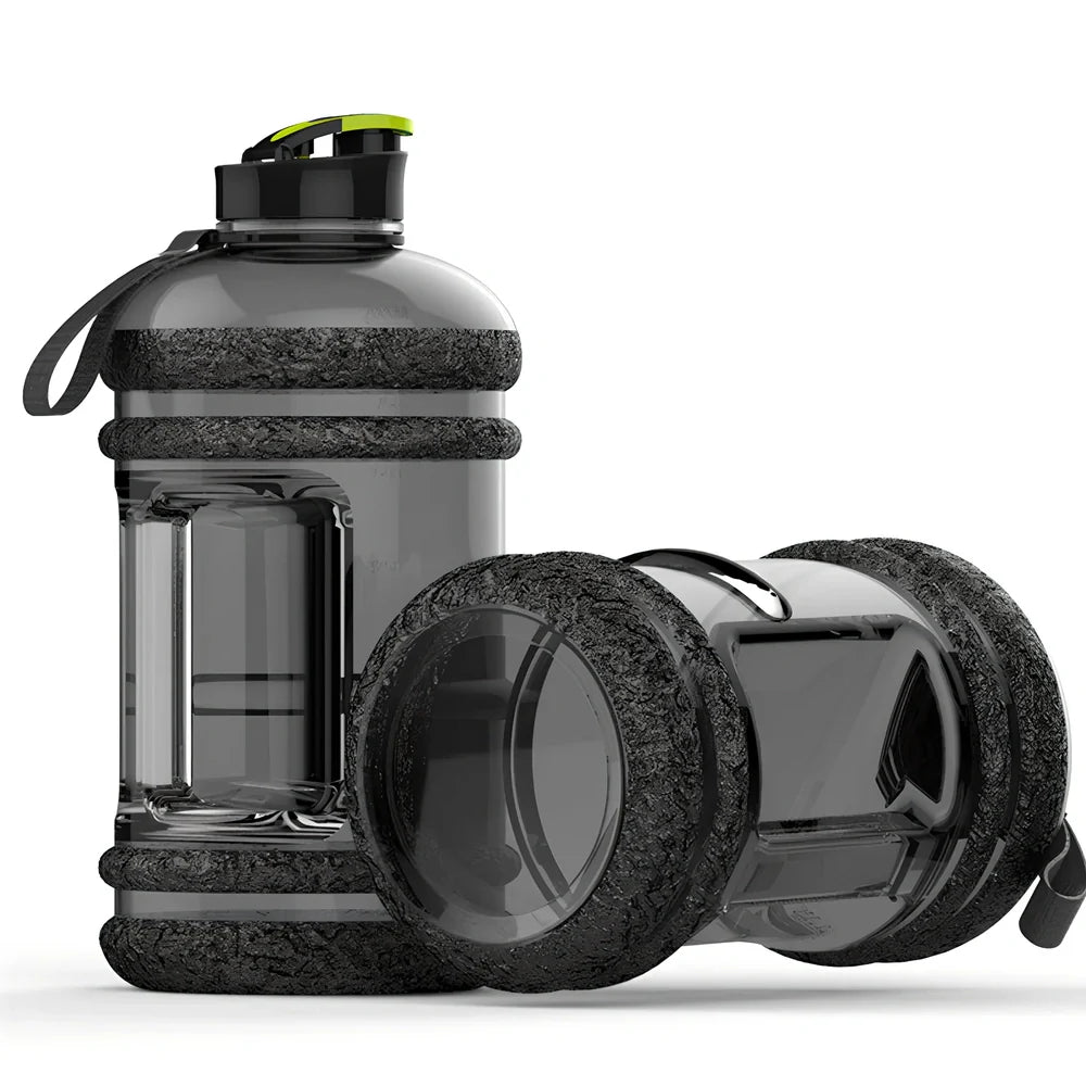Black portable sports water bottle with 2.2-litre capacity and leak-proof design