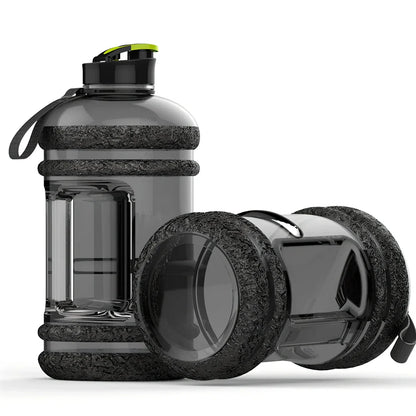 Black portable sports water bottle with 2.2-litre capacity and leak-proof design