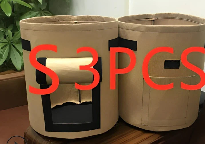 Black plant growth bag with side harvesting window and double handles for potato gardening