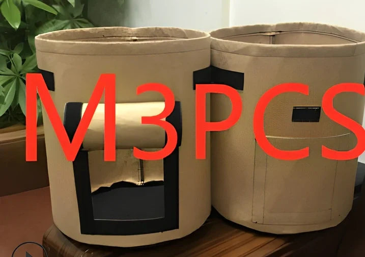 Black plant growth bag with side harvesting window and double handles for potato gardening