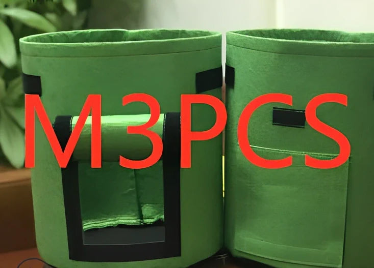 Black plant growth bag with side harvesting window and double handles for potato gardening