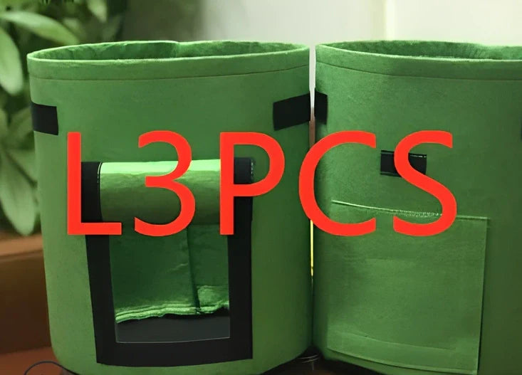 Black plant growth bag with side harvesting window and double handles for potato gardening