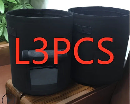 Black plant growth bag with side harvesting window and double handles for potato gardening