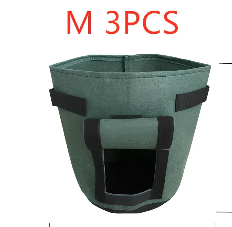 Black plant growth bag with side harvesting window and double handles for potato gardening