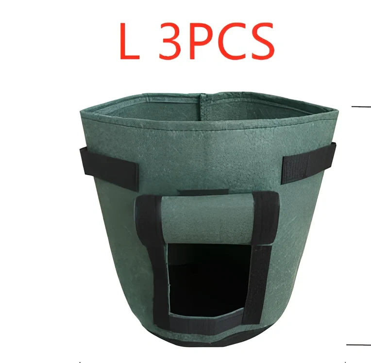 Black plant growth bag with side harvesting window and double handles for potato gardening