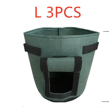 Black plant growth bag with side harvesting window and double handles for potato gardening