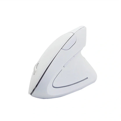Pink vertical office mouse showing 57-degree angle, six buttons, and USB wireless receiver