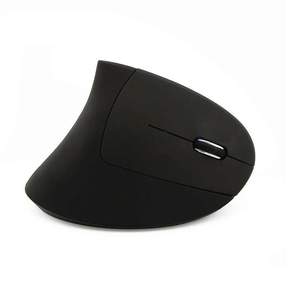 Pink vertical office mouse showing 57-degree angle, six buttons, and USB wireless receiver