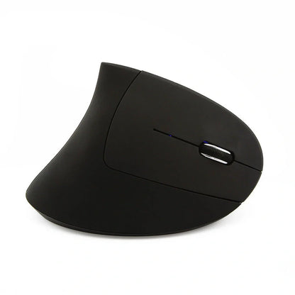 Pink vertical office mouse showing 57-degree angle, six buttons, and USB wireless receiver