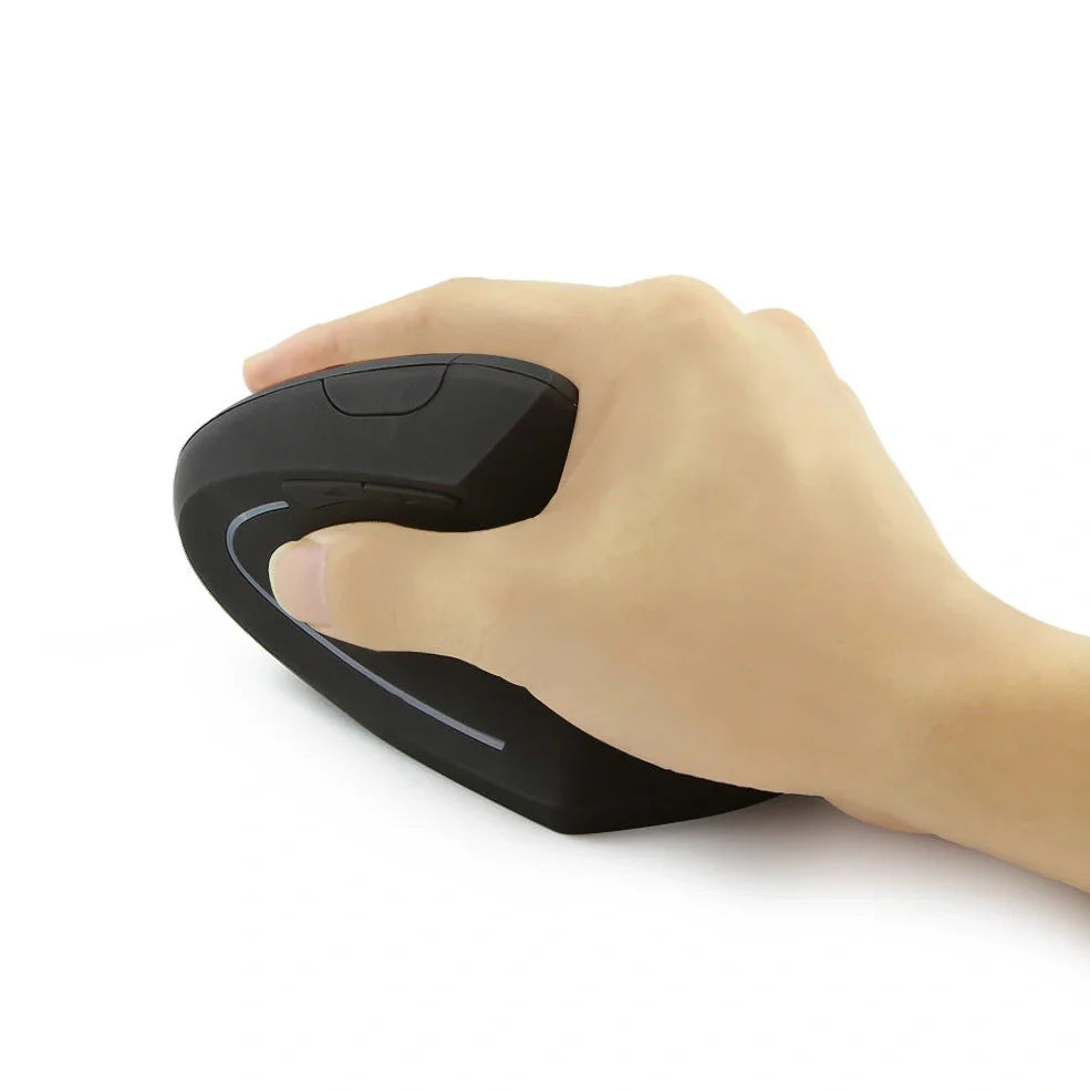 Pink vertical office mouse showing 57-degree angle, six buttons, and USB wireless receiver