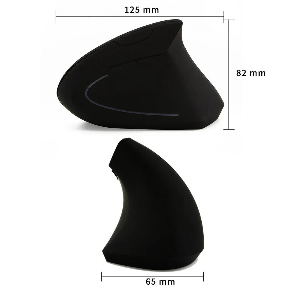 Pink vertical office mouse showing 57-degree angle, six buttons, and USB wireless receiver