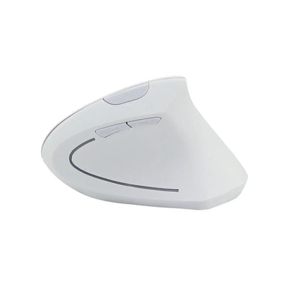 Pink vertical office mouse showing 57-degree angle, six buttons, and USB wireless receiver