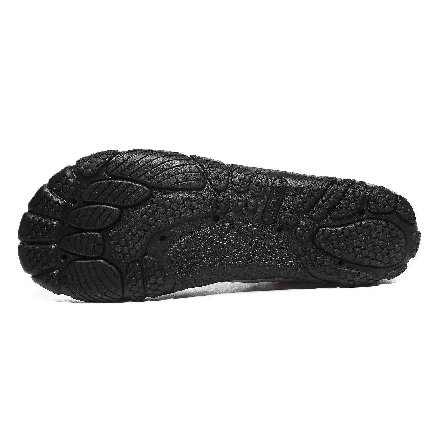 Unisex black outdoor wading shoe with mesh upper and rubber sole on rocky ground.
