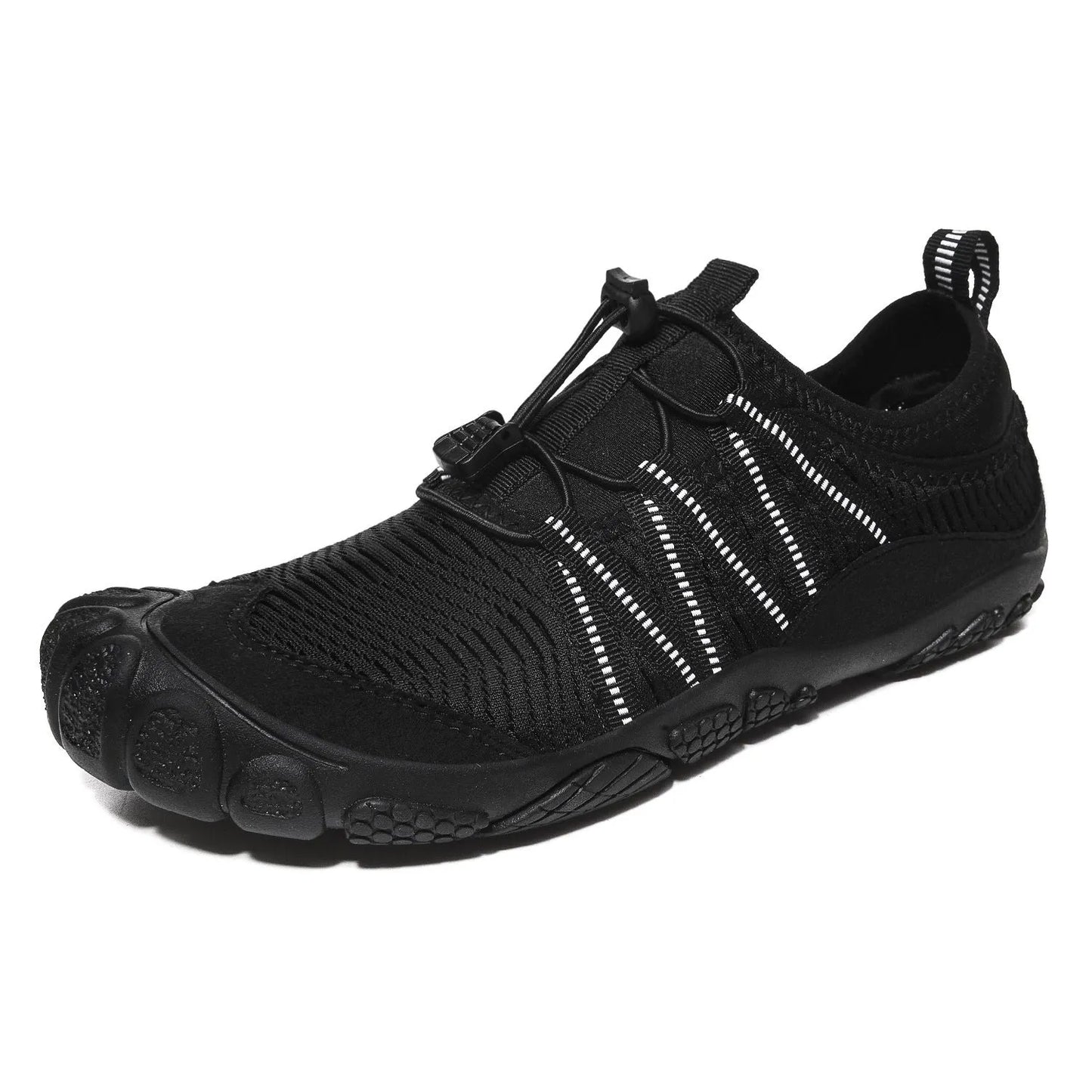 Unisex black outdoor wading shoe with mesh upper and rubber sole on rocky ground.
