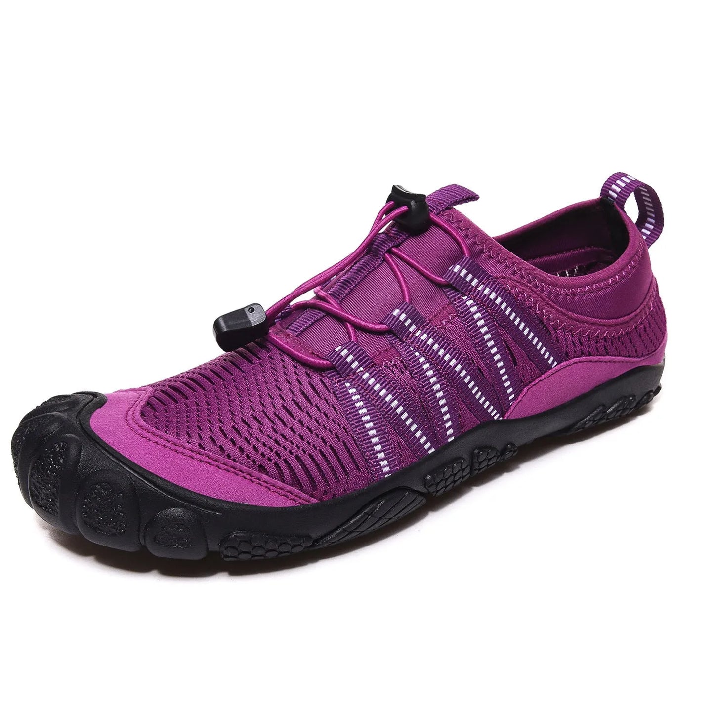 Unisex black outdoor wading shoe with mesh upper and rubber sole on rocky ground.