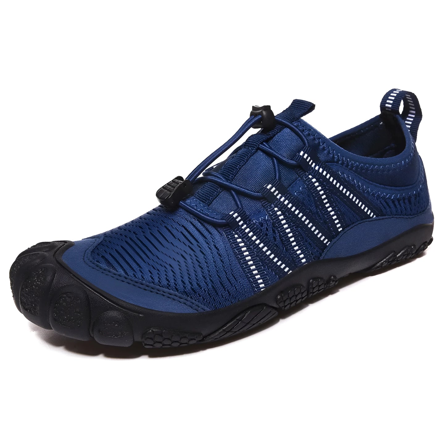 Unisex black outdoor wading shoe with mesh upper and rubber sole on rocky ground.