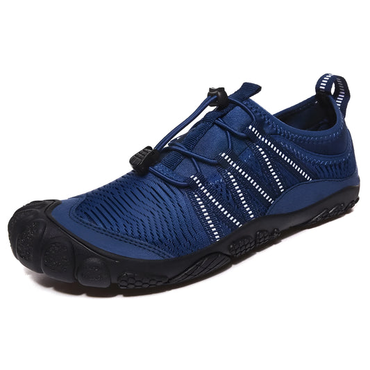 Unisex black outdoor wading shoe with mesh upper and rubber sole on rocky ground.