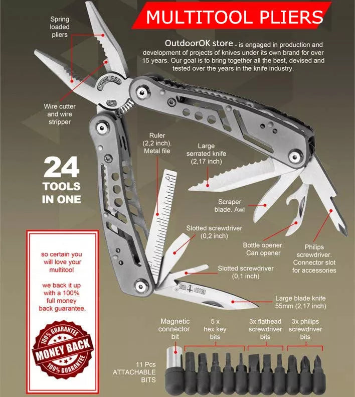 Silver multifunctional outdoor pliers with folding design and 11-15 tools