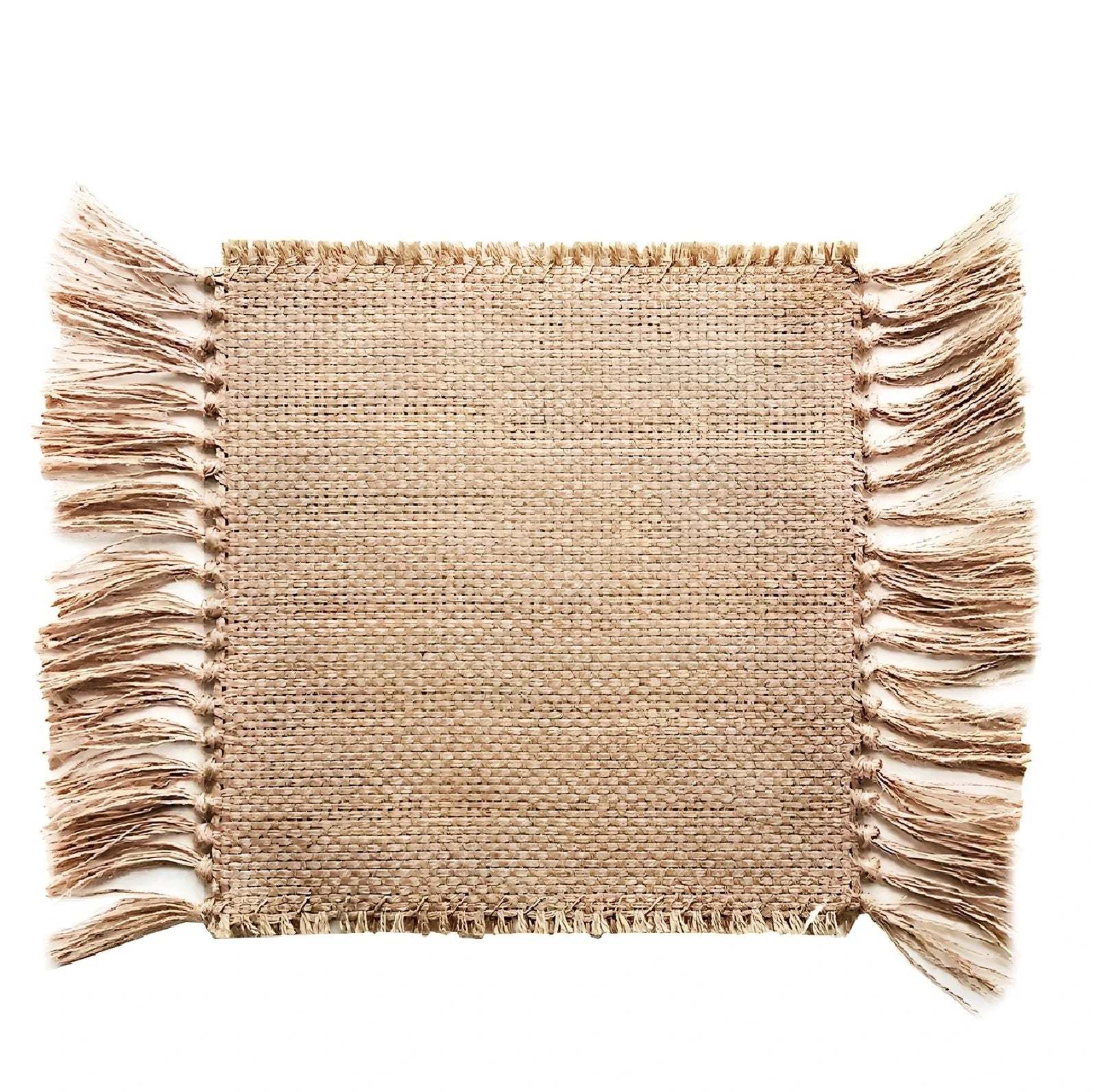 Handmade ephedra jute rug with non-skid base and fringed edges, sizes 35x55cm to 35x250cm for natural floor insulation
