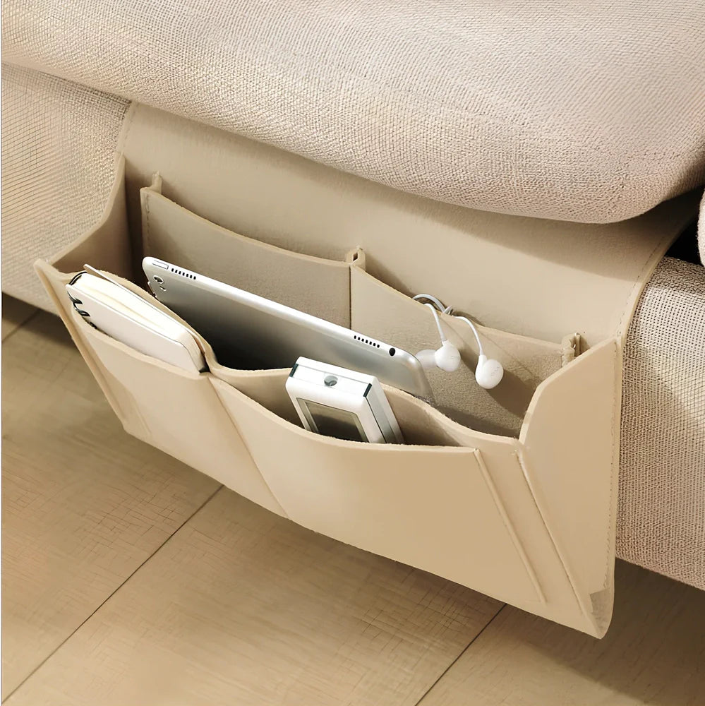 Felt bedside storage bag measuring 30x20x10cm with multiple pockets for remote controls and books