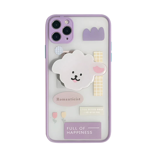 Frosted TPU mobile phone case with integrated stand bracket for Apple iPhone, showing cartoon design options.