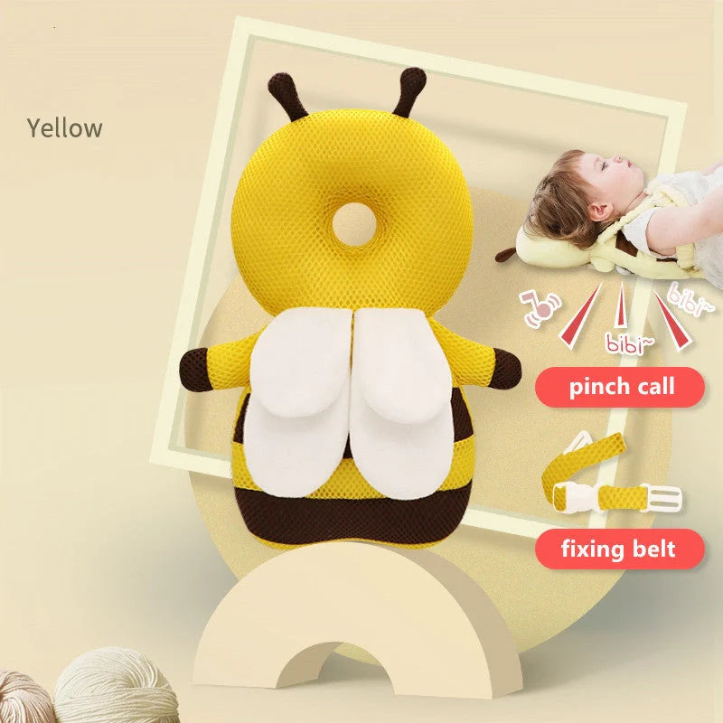 Baby wearing a head protection cushion backpack, designed for safety and comfort during play