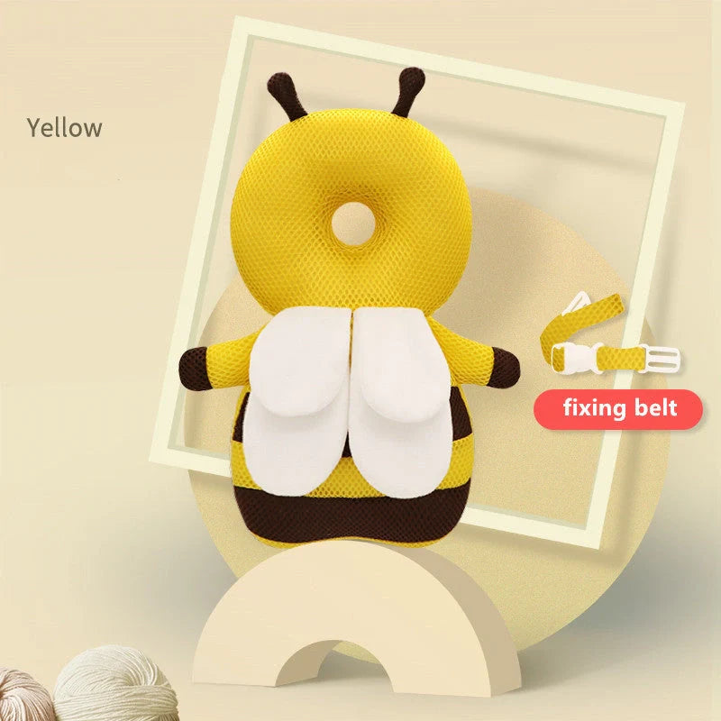 Baby wearing a head protection cushion backpack, designed for safety and comfort during play