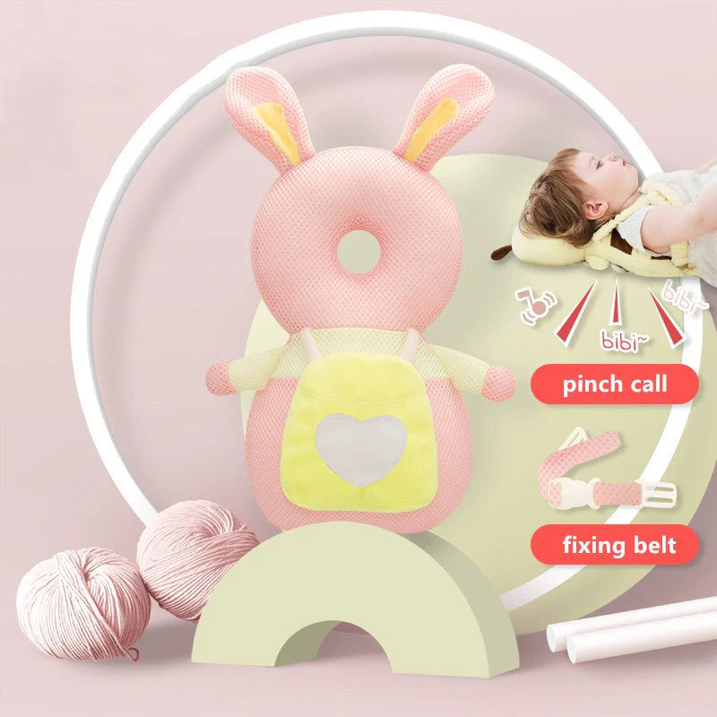 Baby wearing a head protection cushion backpack, designed for safety and comfort during play