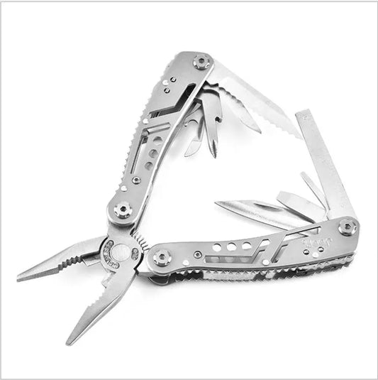 Silver multifunctional outdoor pliers with folding design and 11-15 tools