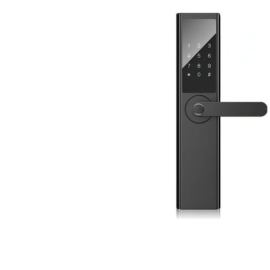 Black fingerprint door lock with sensor panel for home security installation