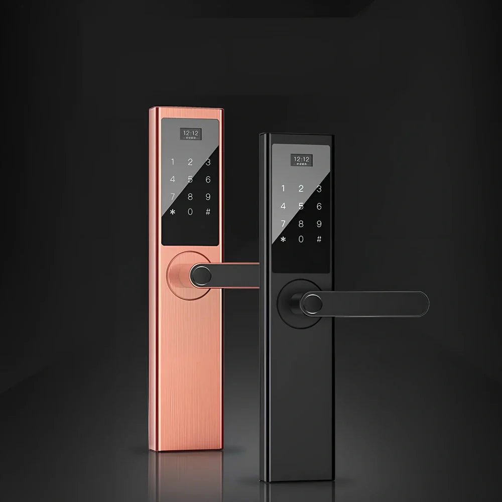 Black fingerprint door lock with sensor panel for home security installation