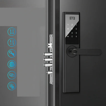 Black fingerprint door lock with sensor panel for home security installation