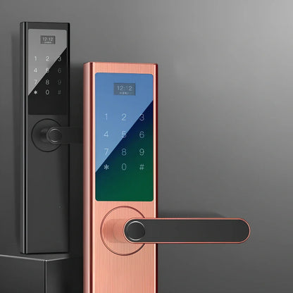 Black fingerprint door lock with sensor panel for home security installation