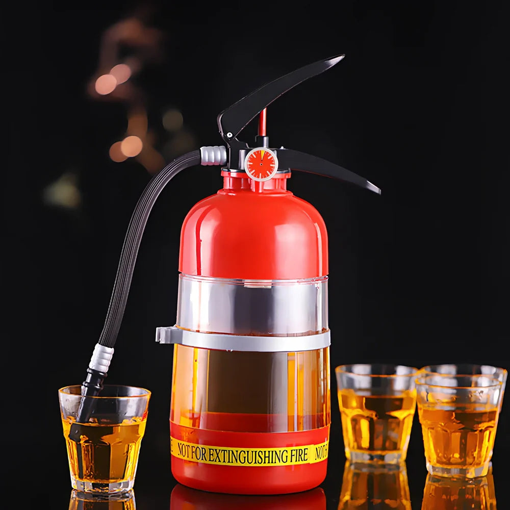 Red fire extinguisher-shaped beverage dispenser with hand-press mechanism and pouring hose