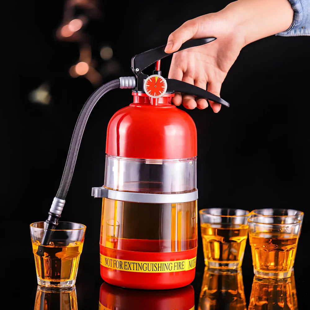 Red fire extinguisher-shaped beverage dispenser with hand-press mechanism and pouring hose